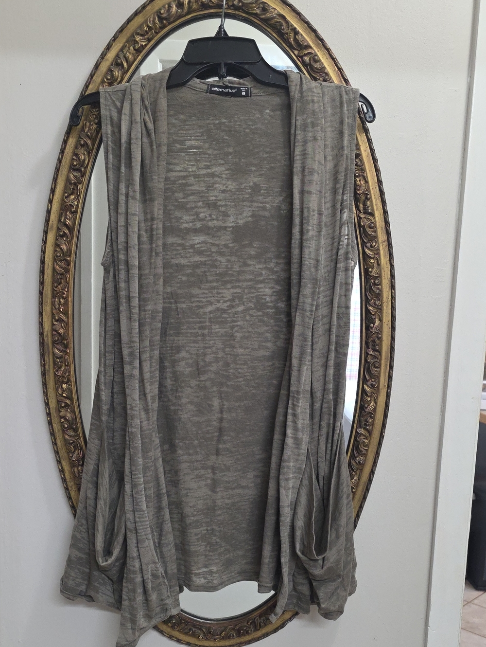 Alternative Sleeveless Open Drape Burn Out Cardigan Pockets Gray USA Made Sz L